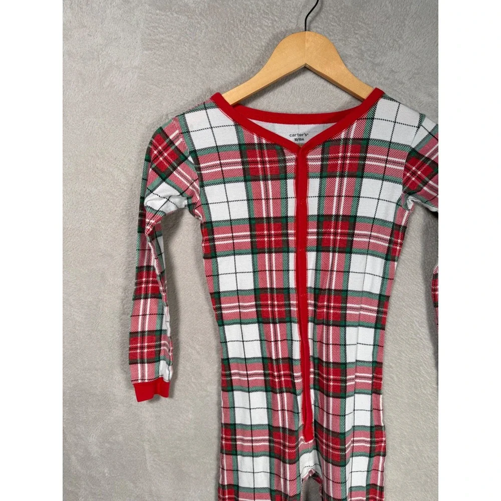 Carters Kids Red Green Plaid Cotton Zip Front Pajama Union Suit Size 10 Holiday